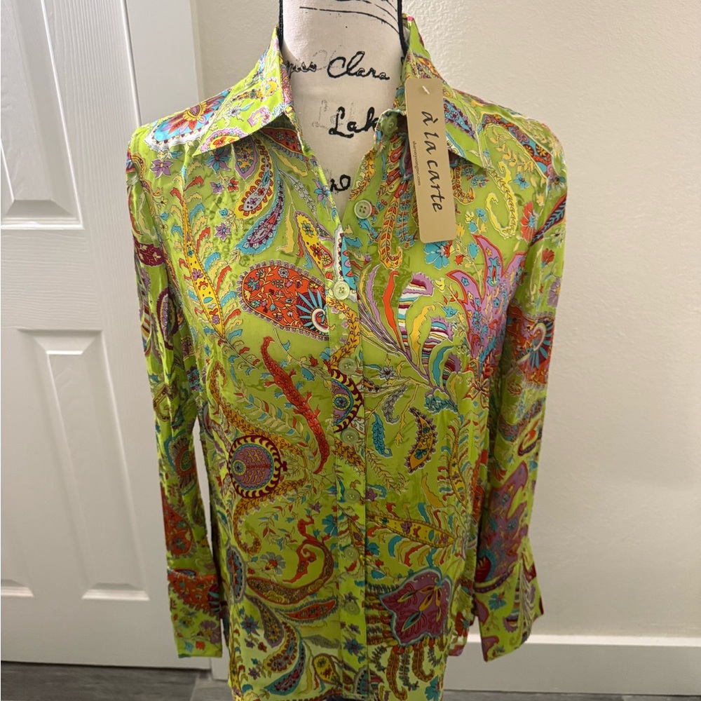 Green and Red Casual Button Down Shirt with Psychedelic Paisley